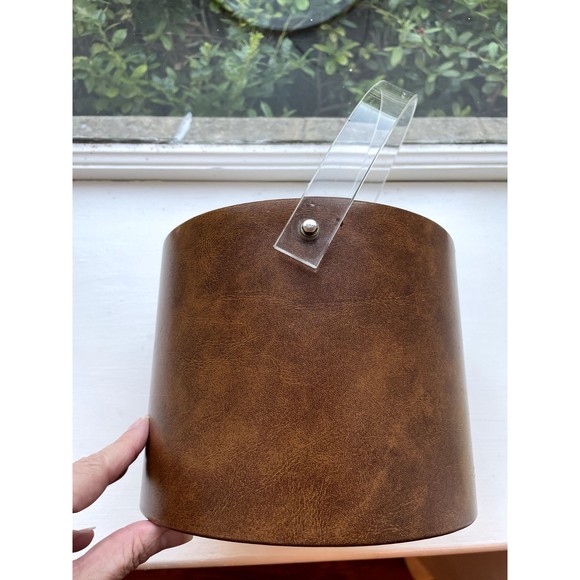 Vintage Georges Briard Tan Faux Leather Ice Bucket w/ Lucite Handle MCM - Picture 7 of 8